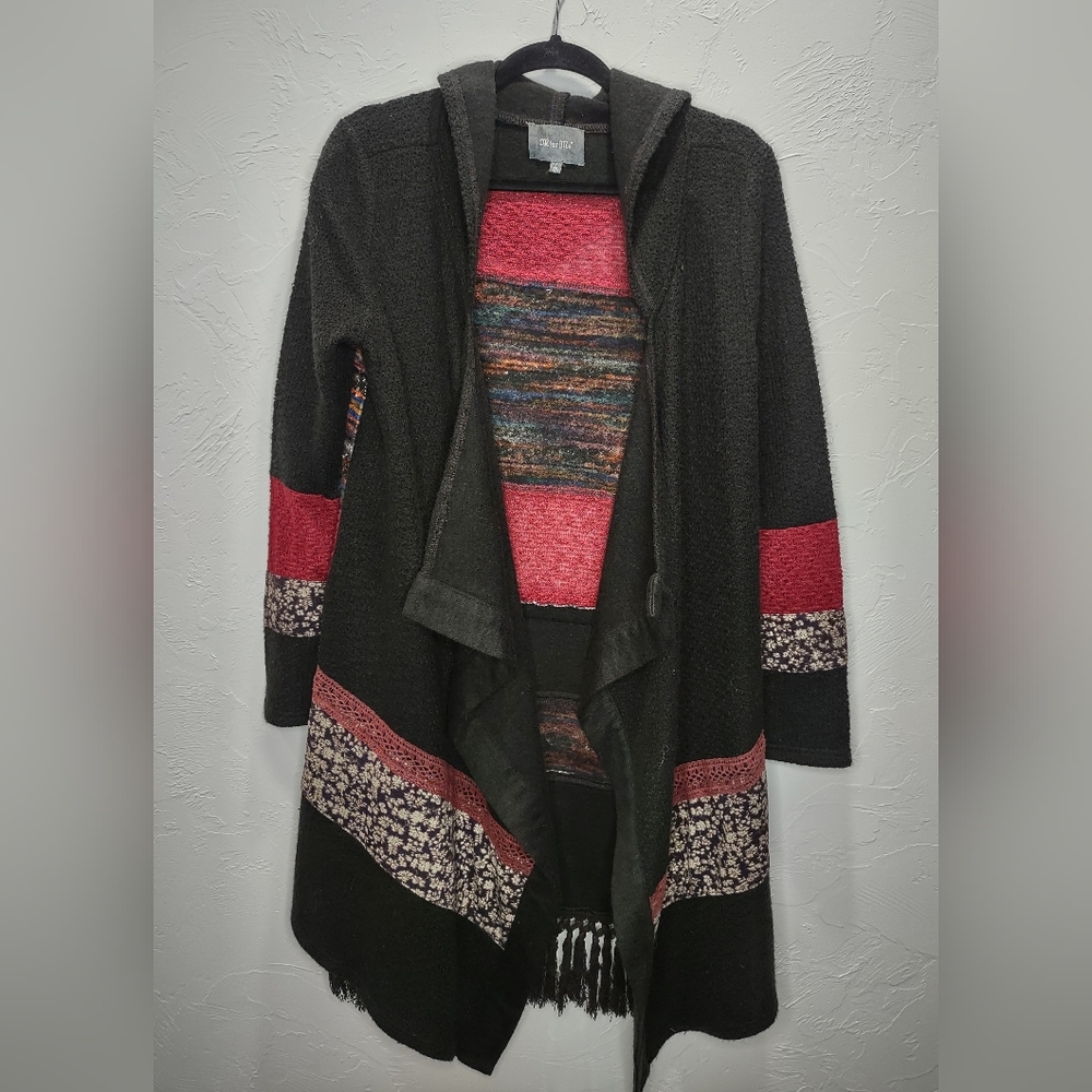 Miss Me Mixed Media Maxi Cardigan Duster Long Hooded Sweater - Small